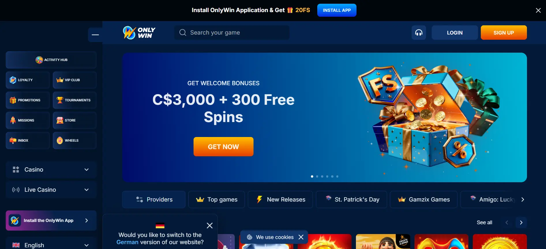 Onlywin Casino-startpagina
